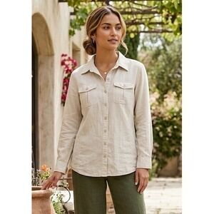 Louis Paris Linen Blend Button Up Long Sleeve Western Shirt Womens Large Stretch